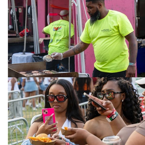 Two men grilling burgers and two women eating fries and looking at their phones.